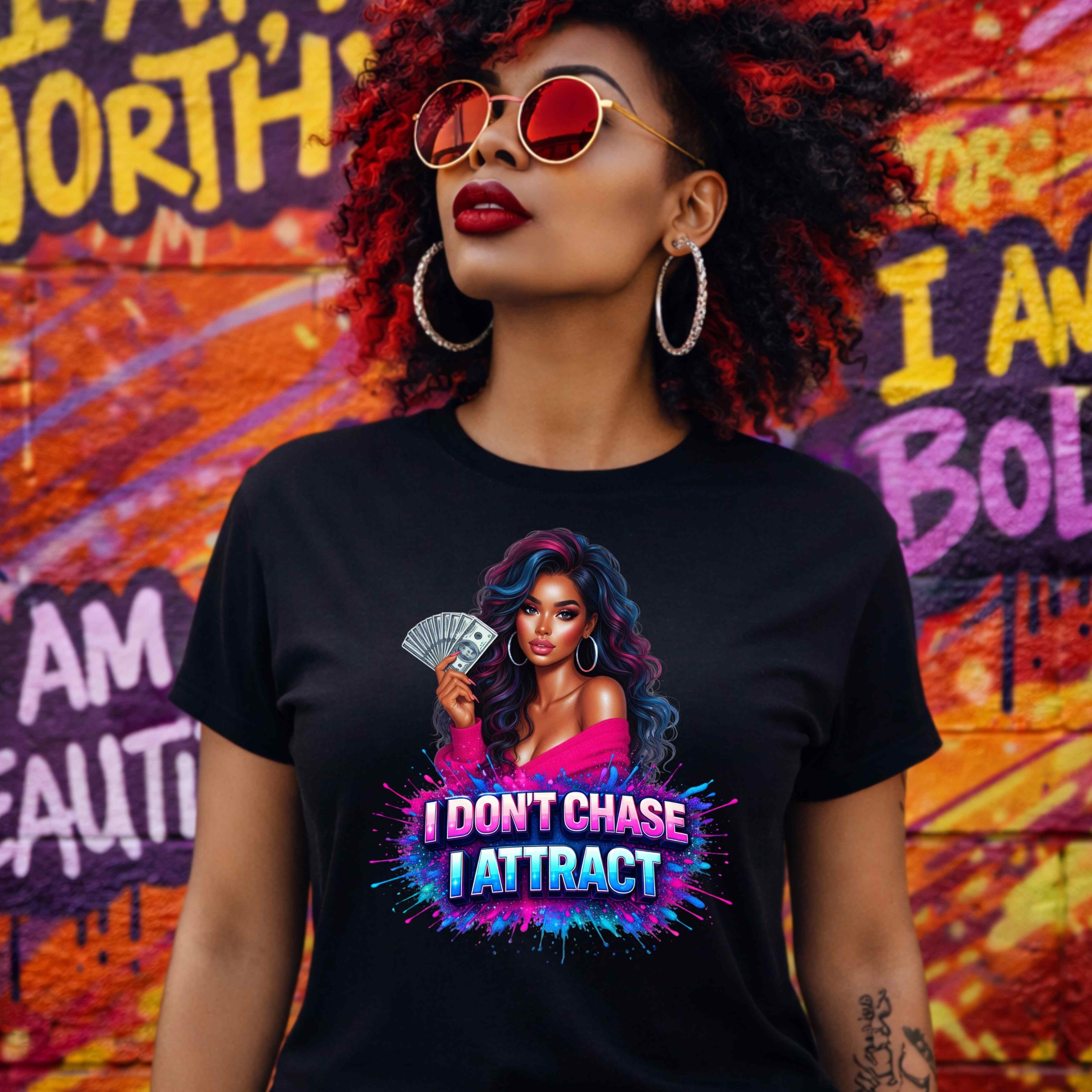 I Don’t Chase, I Attract Graphic Tee – Confidence Mindset Shirt | Manifestation Quote T-Shirt | Empowered Women Streetwear