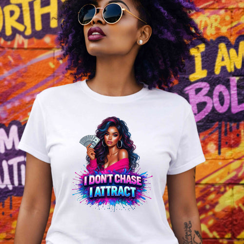 I Don’t Chase, I Attract Graphic Tee – Confidence Mindset Shirt | Manifestation Quote T-Shirt | Empowered Women Streetwear